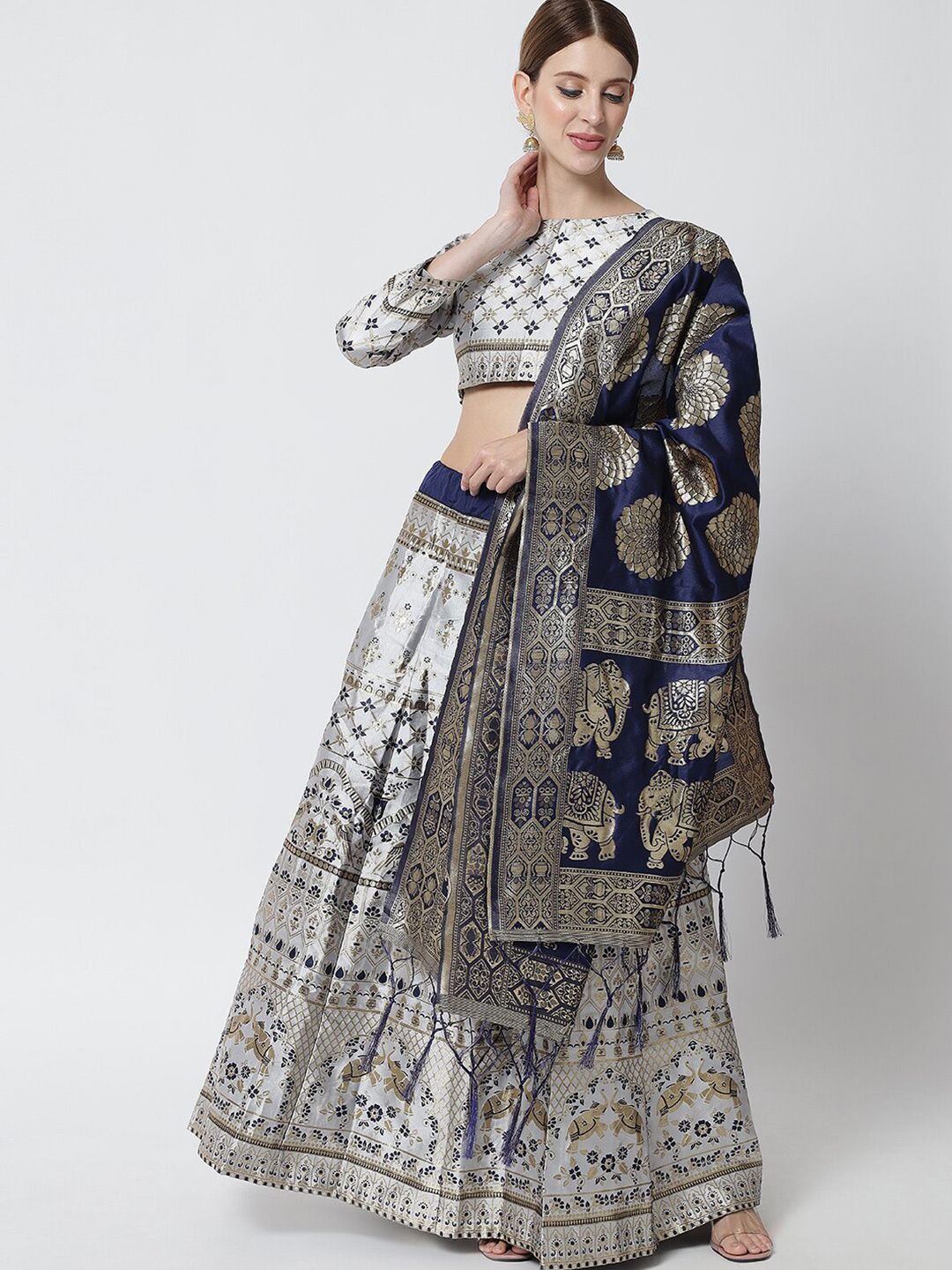 DIVASTRI White & Blue Ready to Wear Lehenga & Unstitched Blouse With Dupatta Price in India