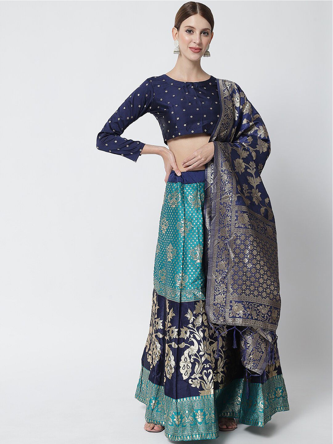 DIVASTRI Green & Blue Ready to Wear Lehenga & Unstitched Blouse With Dupatta Price in India