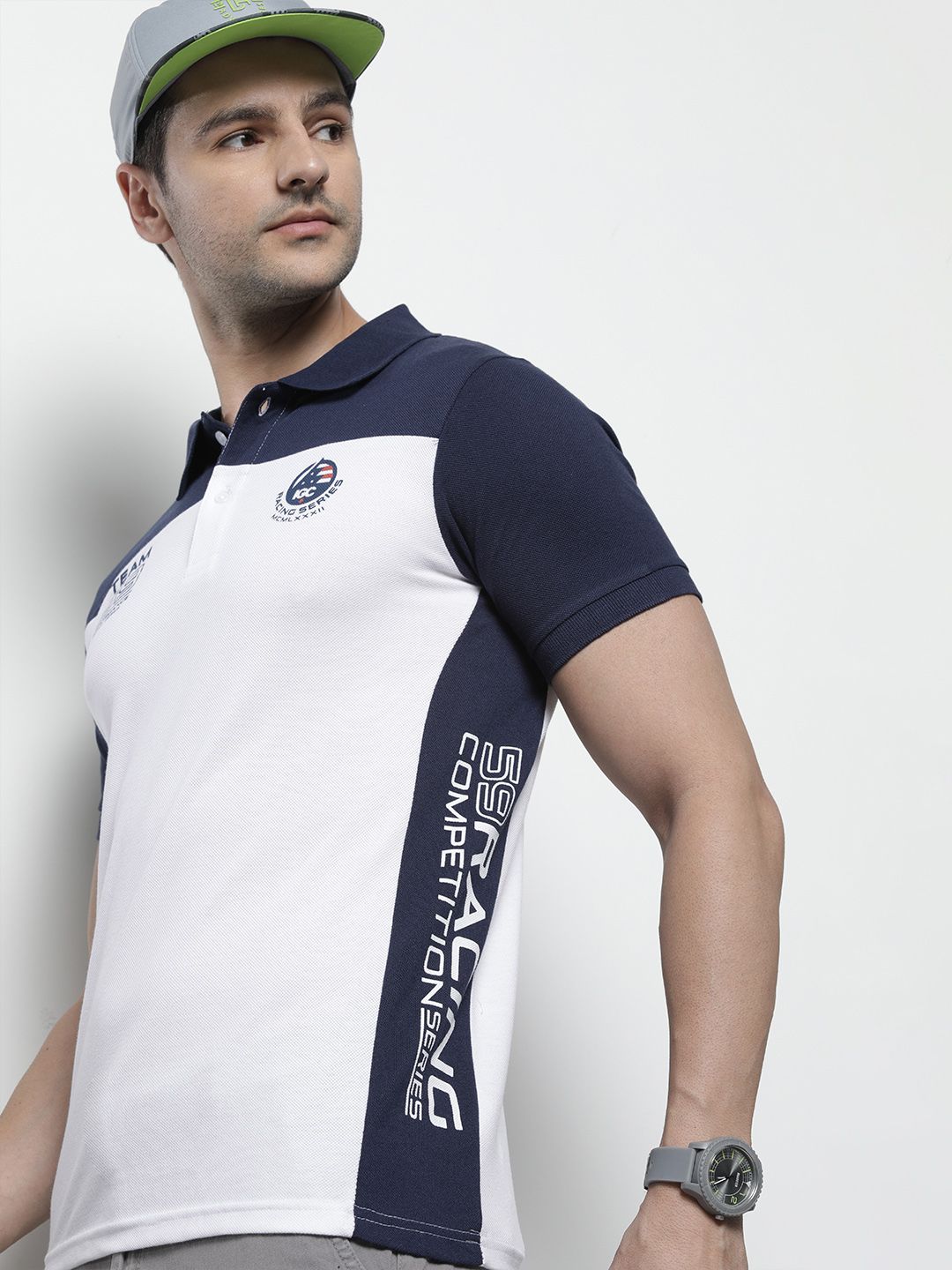 The Indian Garage Co Men White & Navy Blue Colourblocked Polo Collar T-shirt