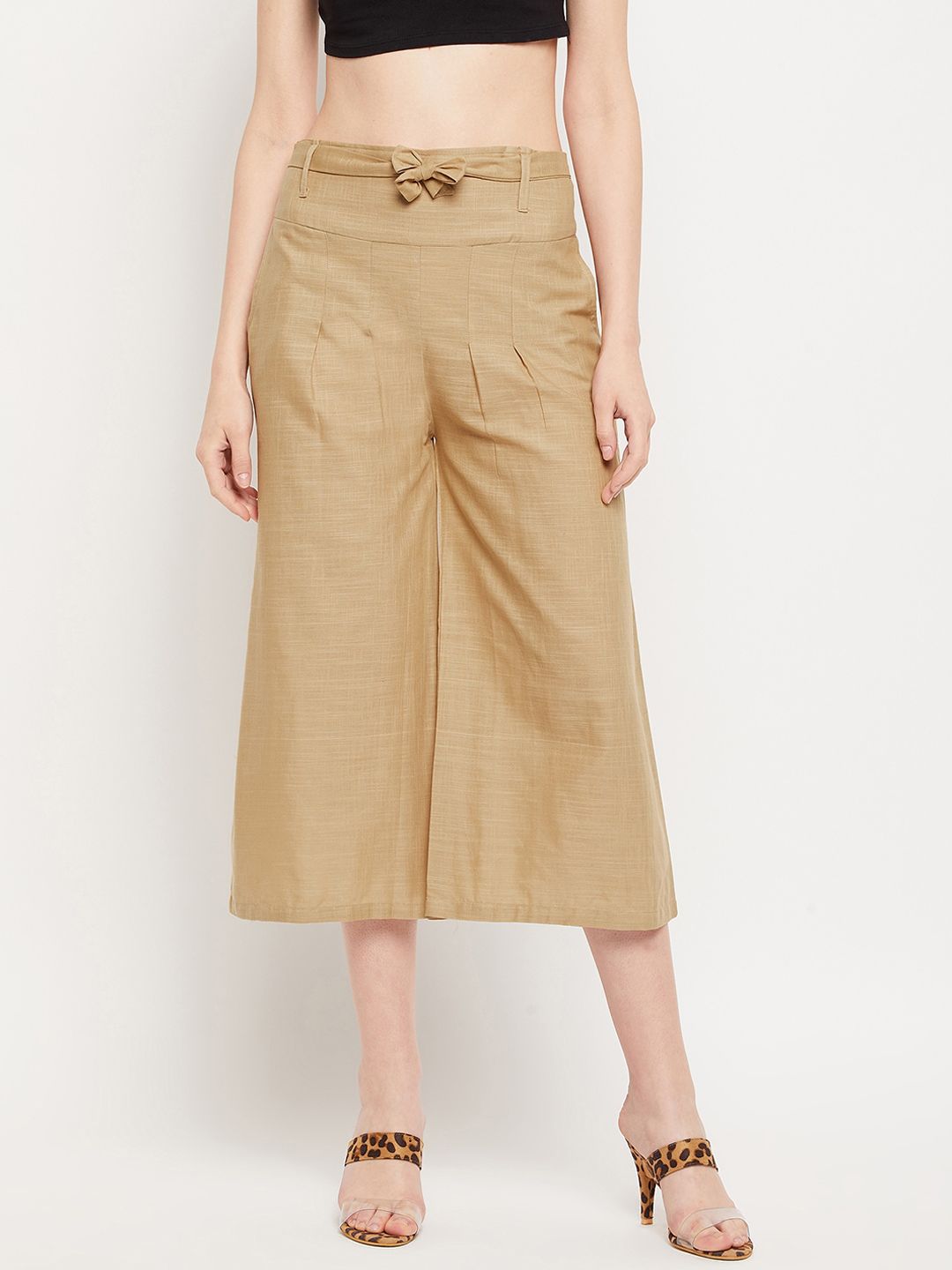 Clora Creation Women Beige Smart Easy Wash Pleated Cotton Culottes Trousers Price in India