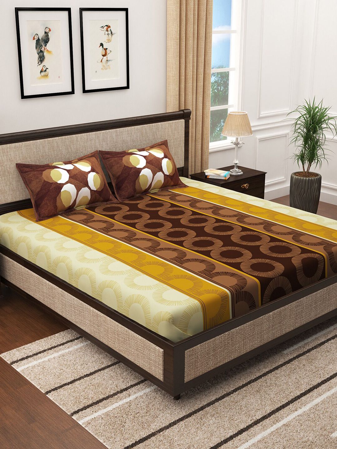Story@home Mustard & Brown Geometric 300 TC King Bedsheet with 2 Pillow Covers Price in India