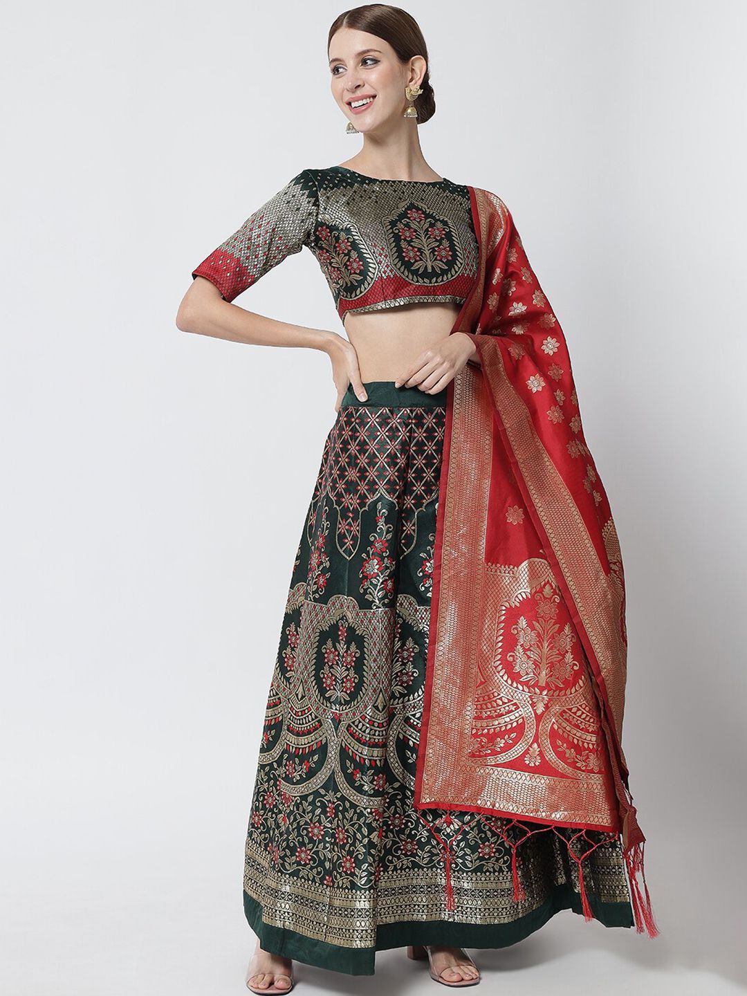 DIVASTRI Green & Red Banarasi Ready to Wear Lehenga & Unstitched Blouse With Dupatta Price in India