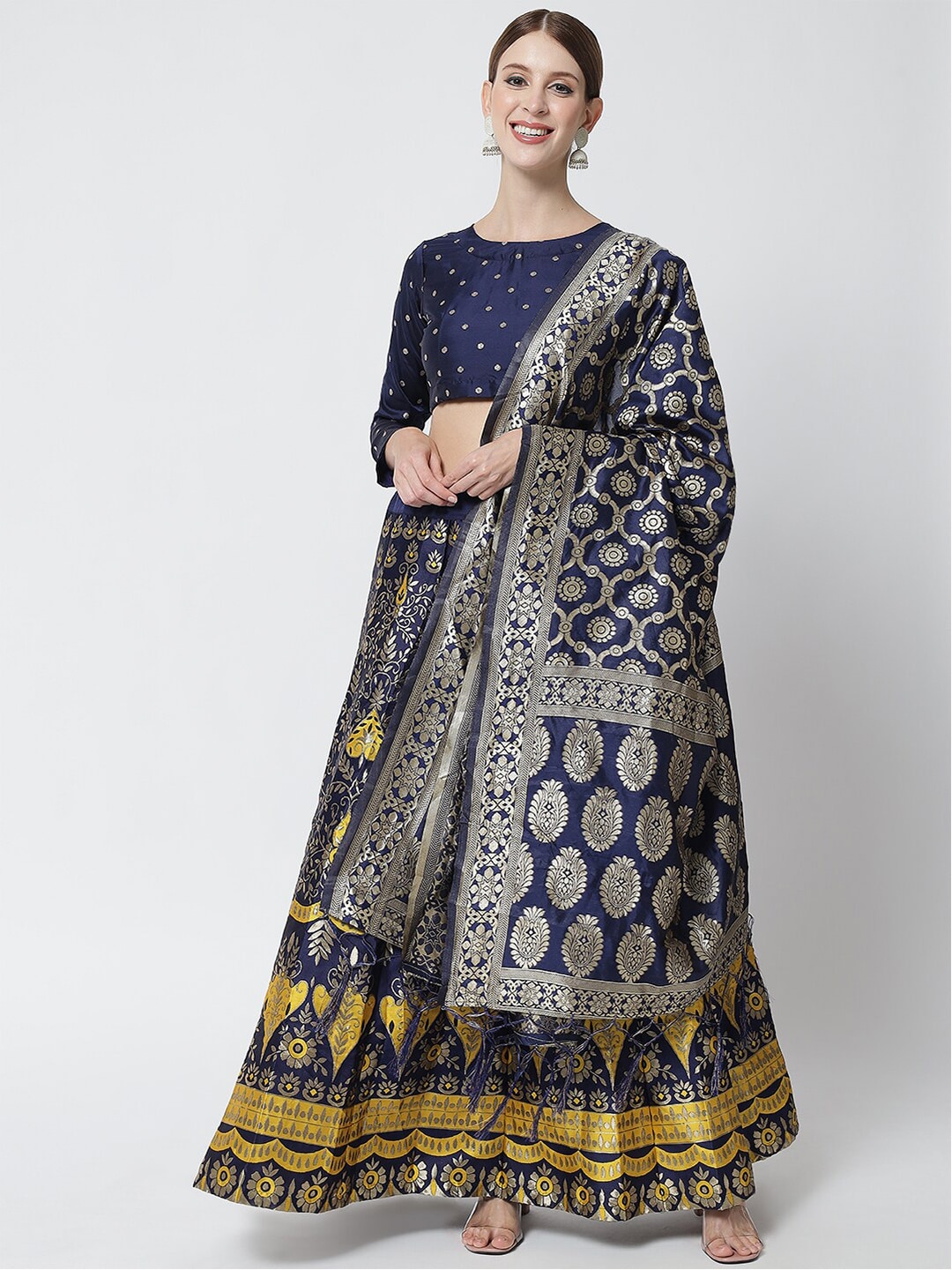 DIVASTRI Yellow & Navy Blue Printed Ready to Wear Lehenga & Unstitched Blouse With Dupatta Price in India