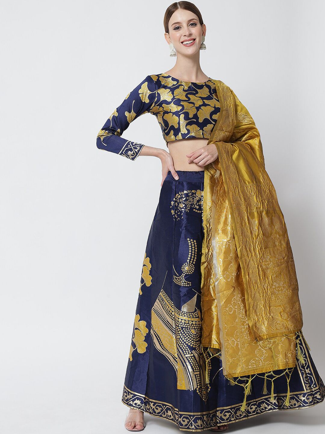DIVASTRI Yellow & Navy Blue Banarasi Semi-Stitched Lehenga & Unstitched Blouse & Dupatta Price in India