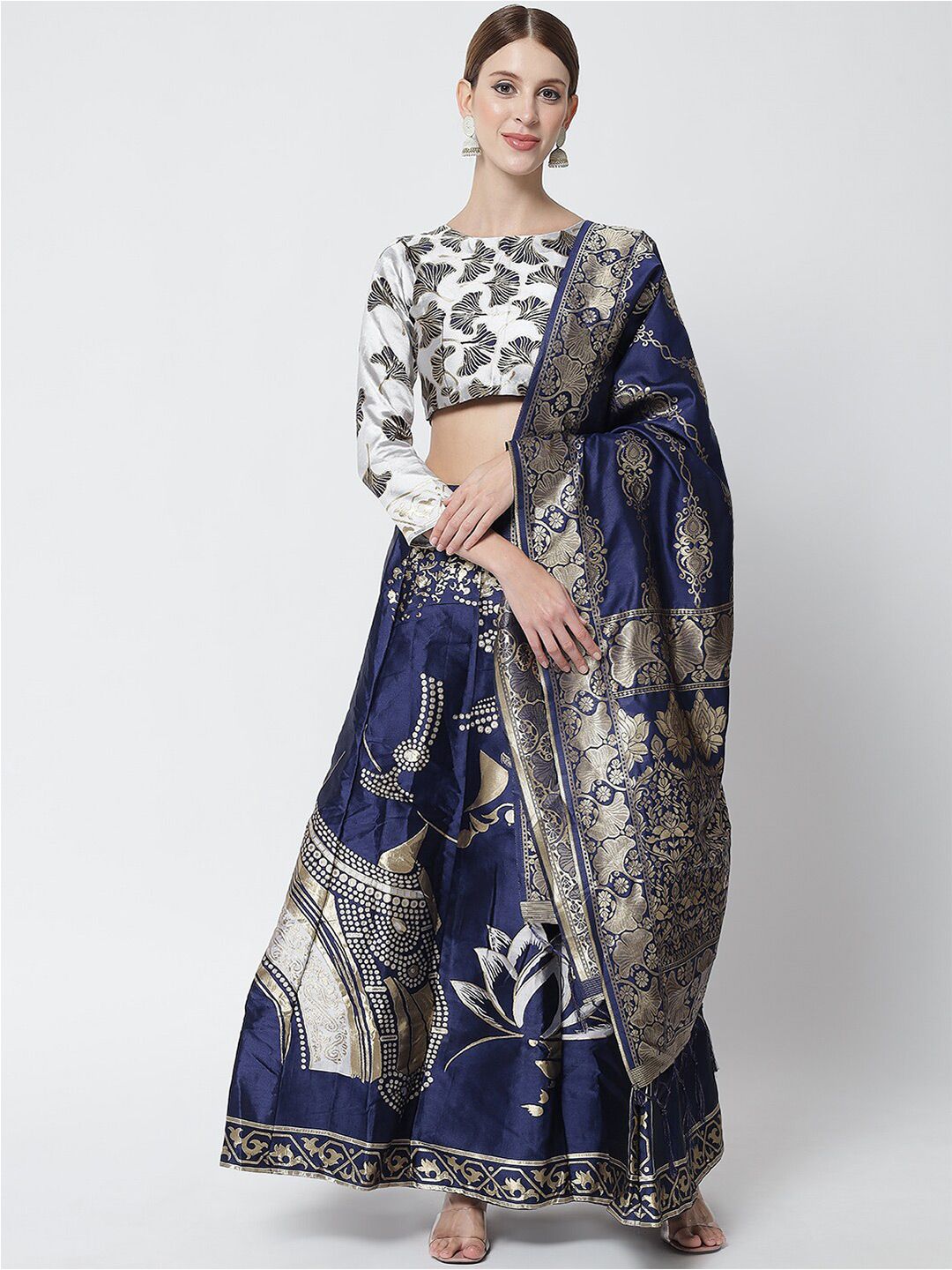 DIVASTRI White & Blue Printed Ready to Wear Lehenga & Unstitched Blouse With Dupatta Price in India