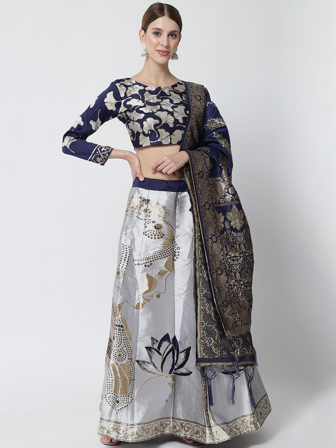 DIVASTRI White & Navy Blue Ready to Wear Lehenga & Unstitched Blouse With Dupatta Price in India