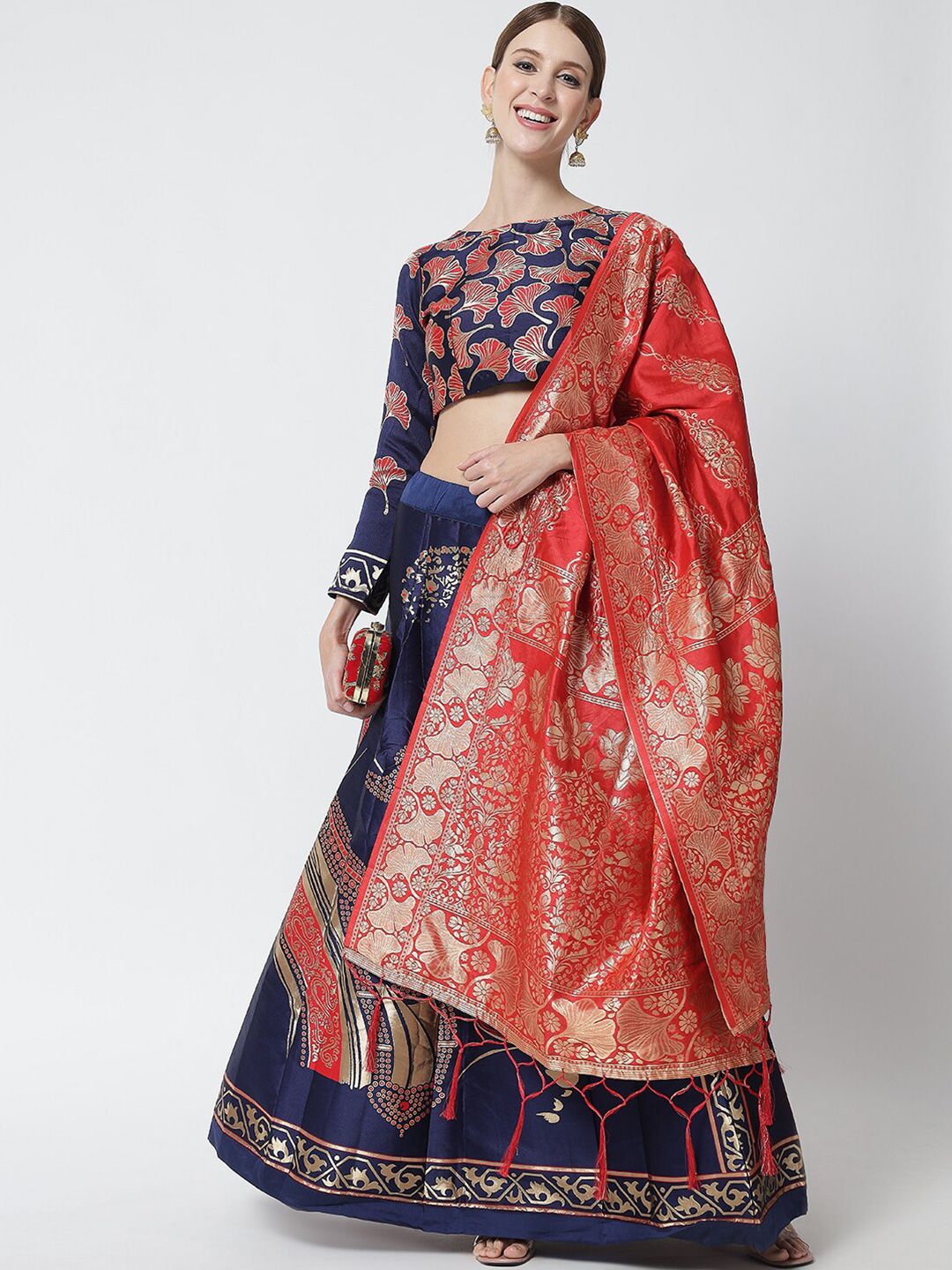 DIVASTRI Red & Navy Blue Ready to Wear Lehenga & Unstitched Blouse With Dupatta Price in India