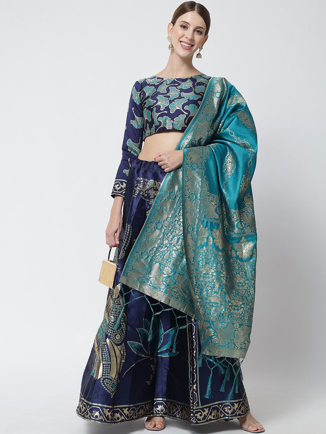 DIVASTRI Navy Blue & Turquoise Ready to Wear Lehenga & Unstitched Blouse With Dupatta Price in India