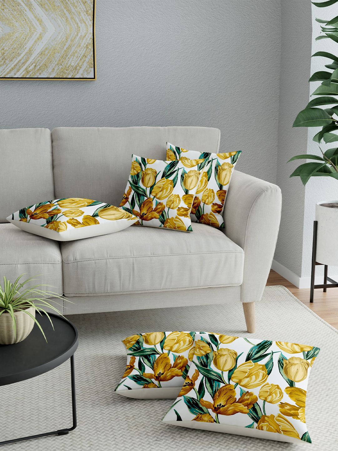 LA VERNE Yellow & White Set of 5 Floral Square Cushion Covers Price in India