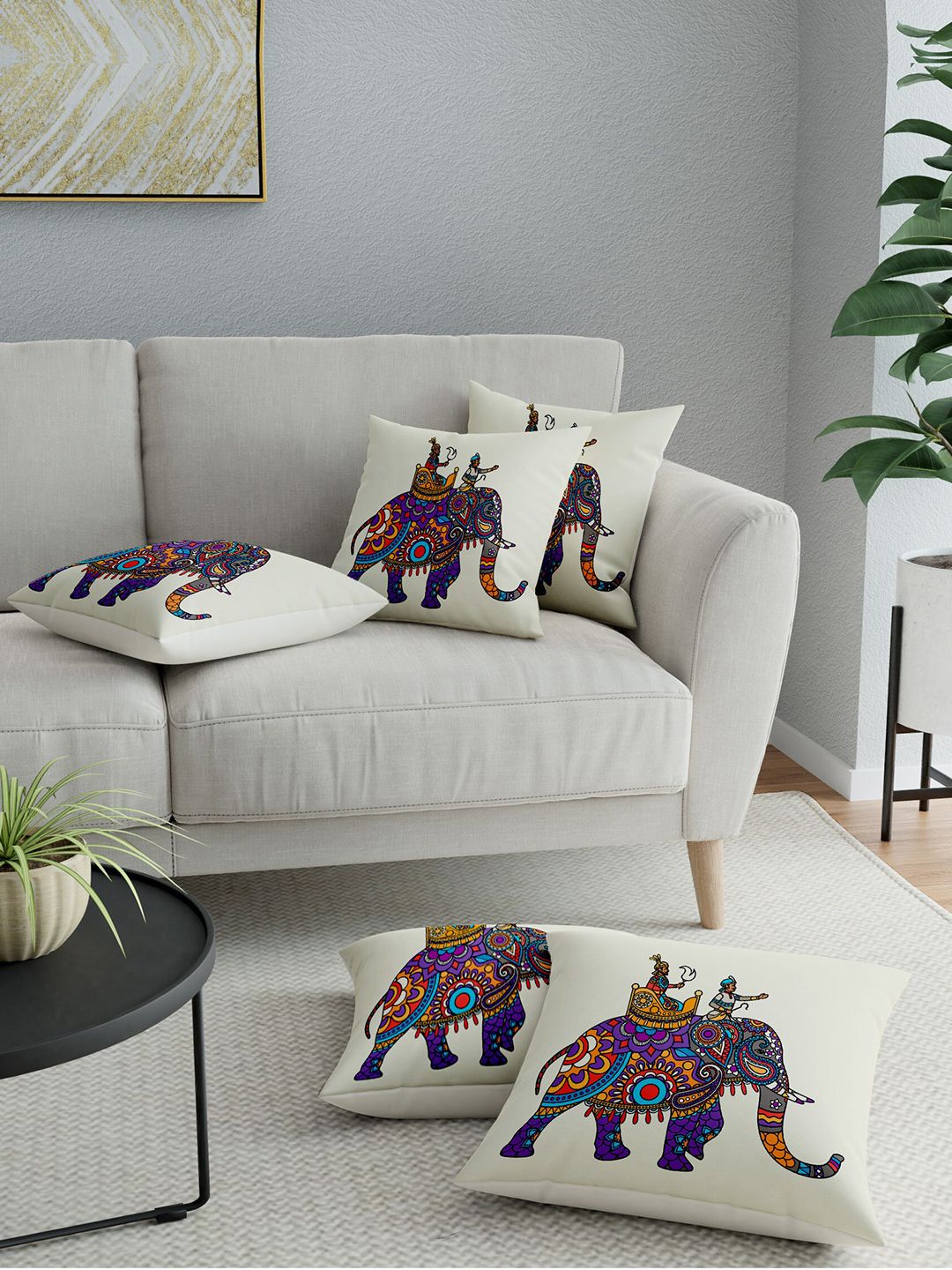 LA VERNE Assorted Set of 5 Ethnic Motifs Cotton Canvas Square Cushion Covers Price in India