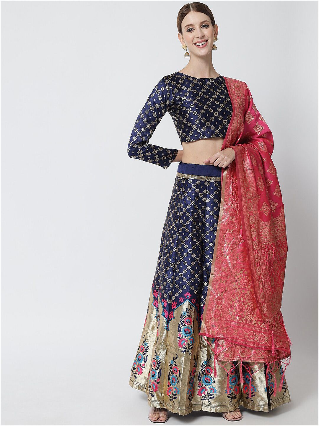 DIVASTRI Navy Blue & Pink Ready to Wear Lehenga & Unstitched Blouse With Dupatta Price in India