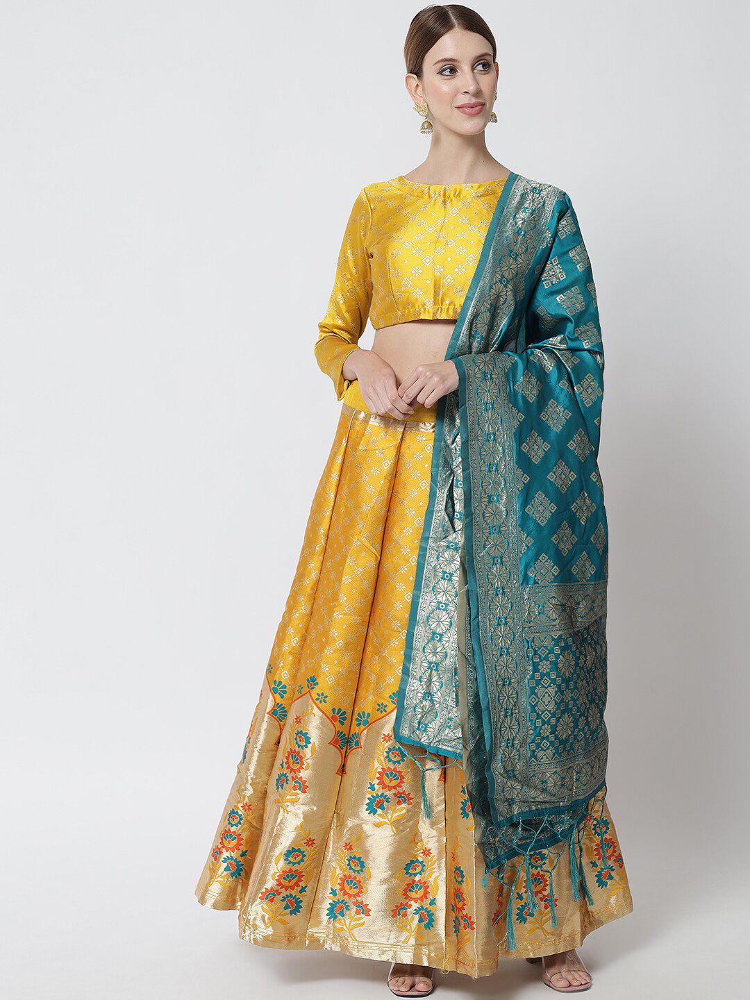 DIVASTRI Yellow Banarasi Silk Ready to Wear Lehenga & Unstitched Blouse With Dupatta Price in India