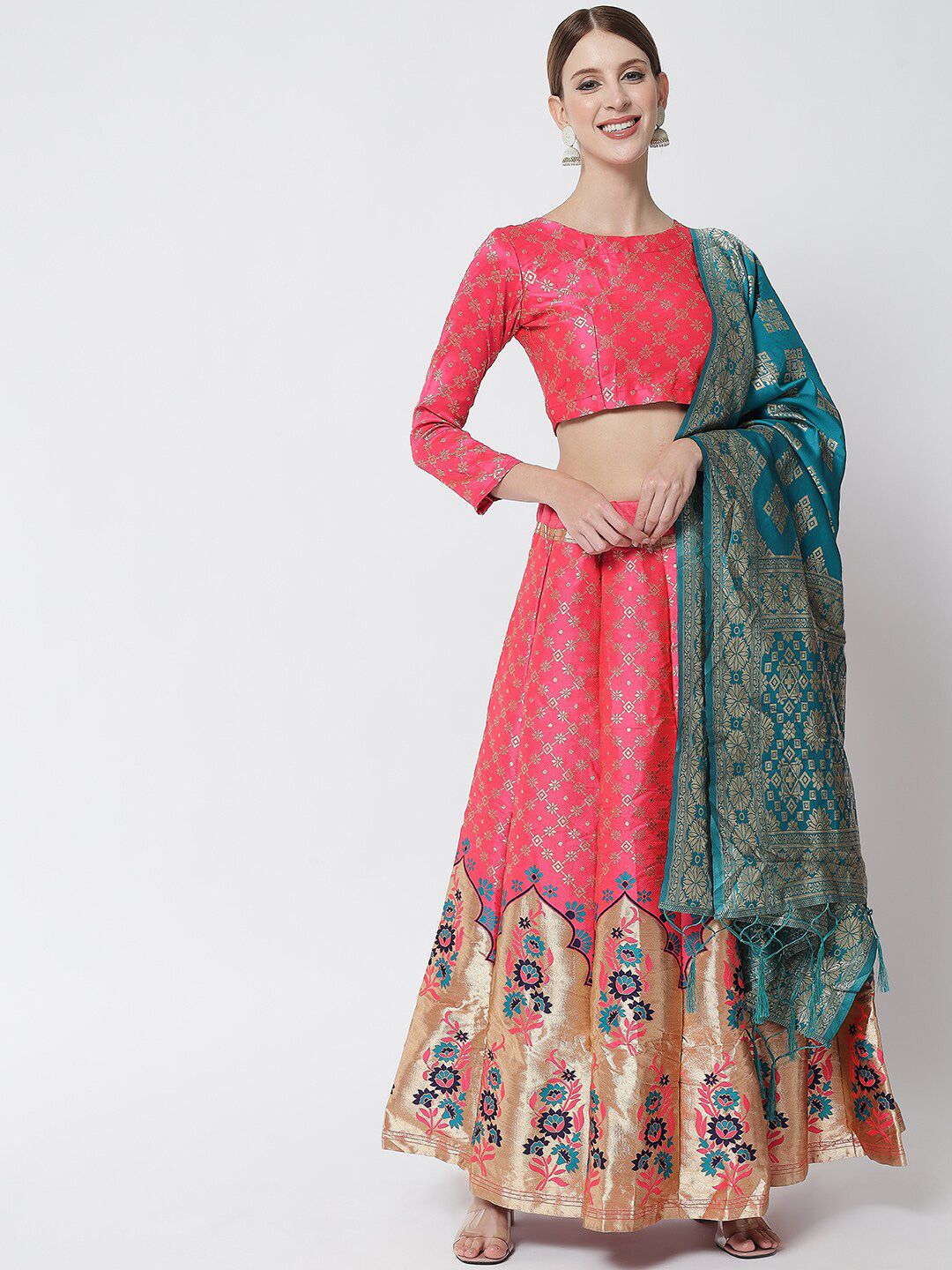DIVASTRI Pink & Blue Ready to Wear Lehenga Choli With Dupatta Price in India