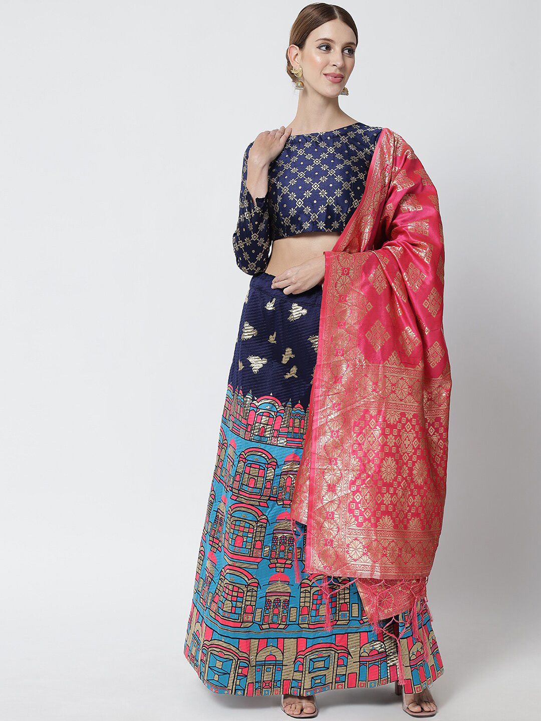 DIVASTRI Navy Blue & Pink Ready to Wear Lehenga & Unstitched Blouse With Dupatta Price in India