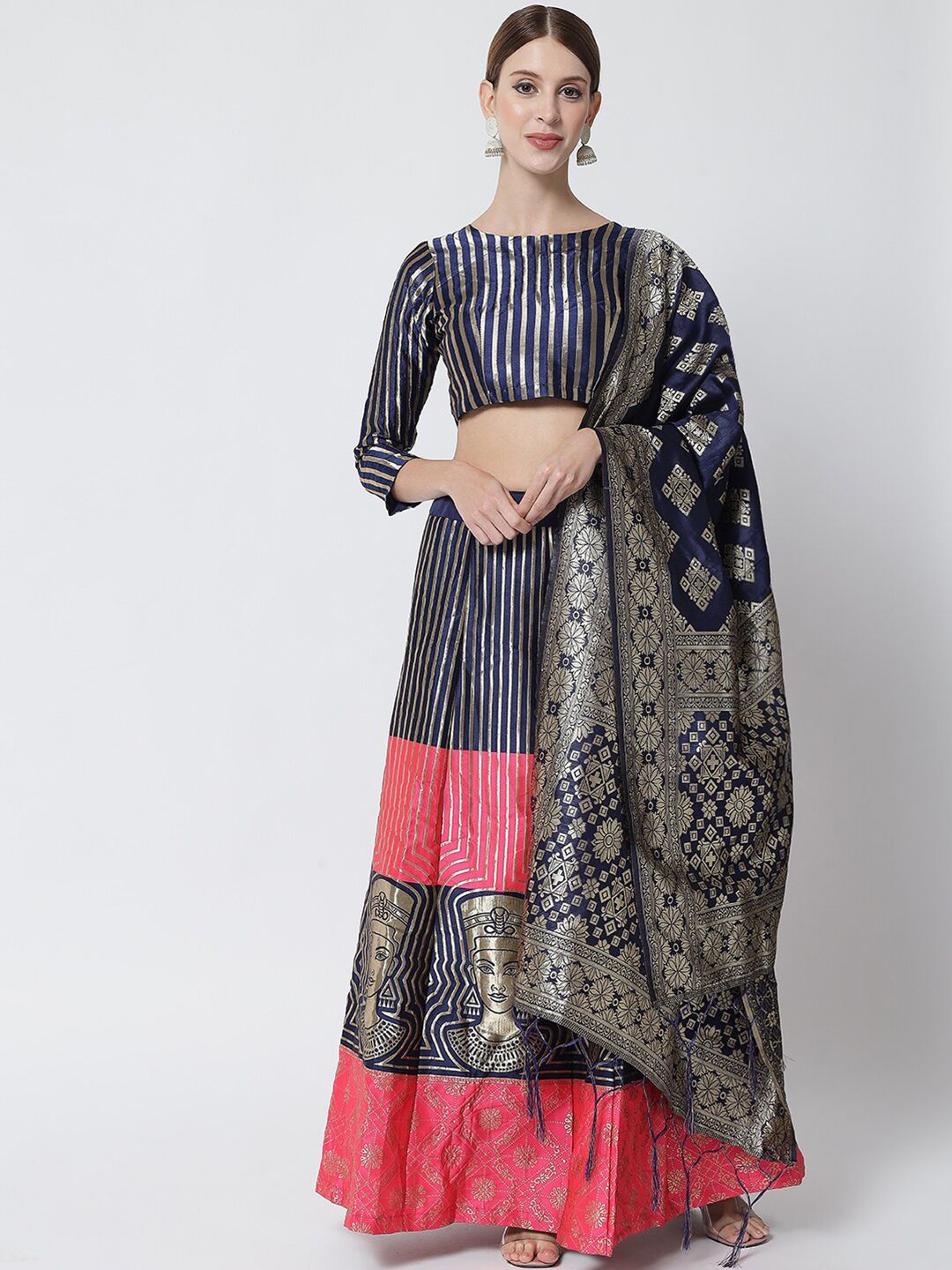 DIVASTRI Pink & Blue Printed Ready to Wear Lehenga & Unstitched Blouse With Dupatta Price in India