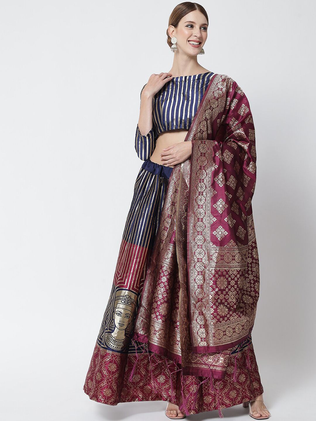 DIVASTRI Burgundy & Navy Blue Ready to Wear Lehenga & Unstitched Blouse With Dupatta Price in India