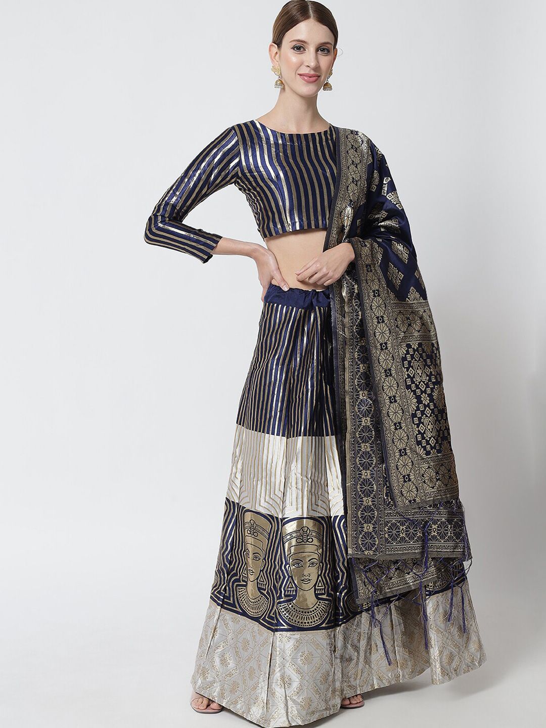 DIVASTRI White & Navy Blue Printed Ready to Wear Lehenga & Unstitched Blouse With Dupatta Price in India