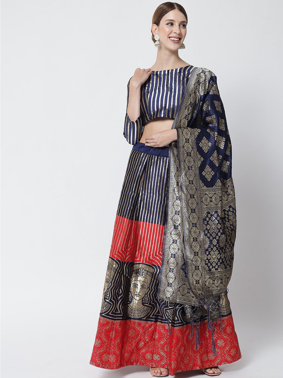 DIVASTRI Red & Navy Blue Ready to Wear Lehenga & Unstitched Blouse With Dupatta Price in India