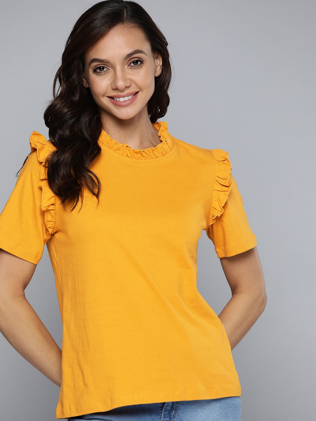 Mast & Harbour Mustard Yellow Pure Cotton Solid Ruffles Detail Top Price in India