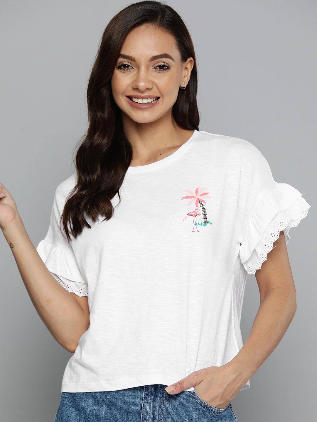 Mast & Harbour White Solid Pure Cotton Top with Flutter Sleeves Price in India
