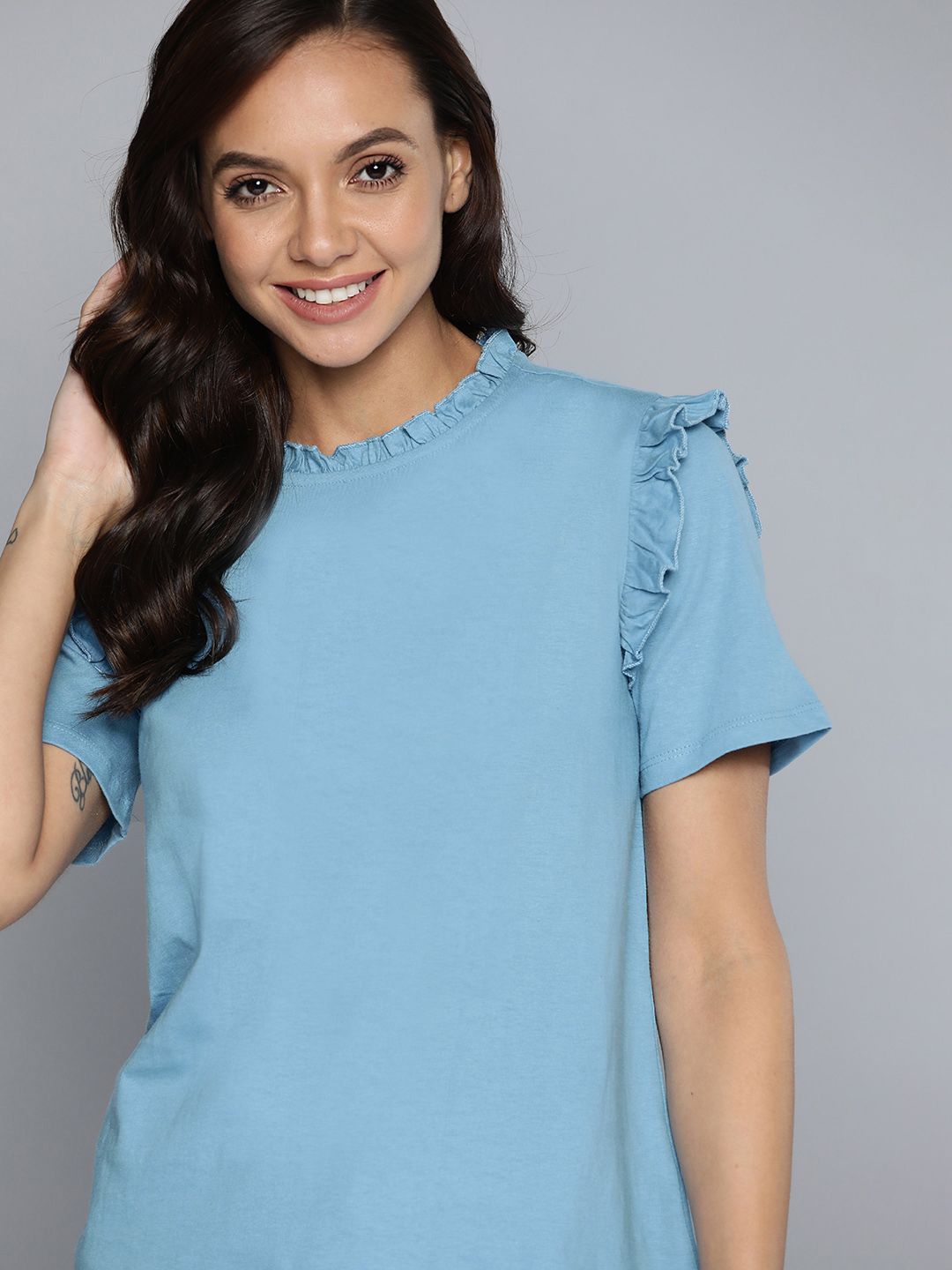 Mast & Harbour Blue Pure Cotton Solid Ruffles Detail Top Price in India
