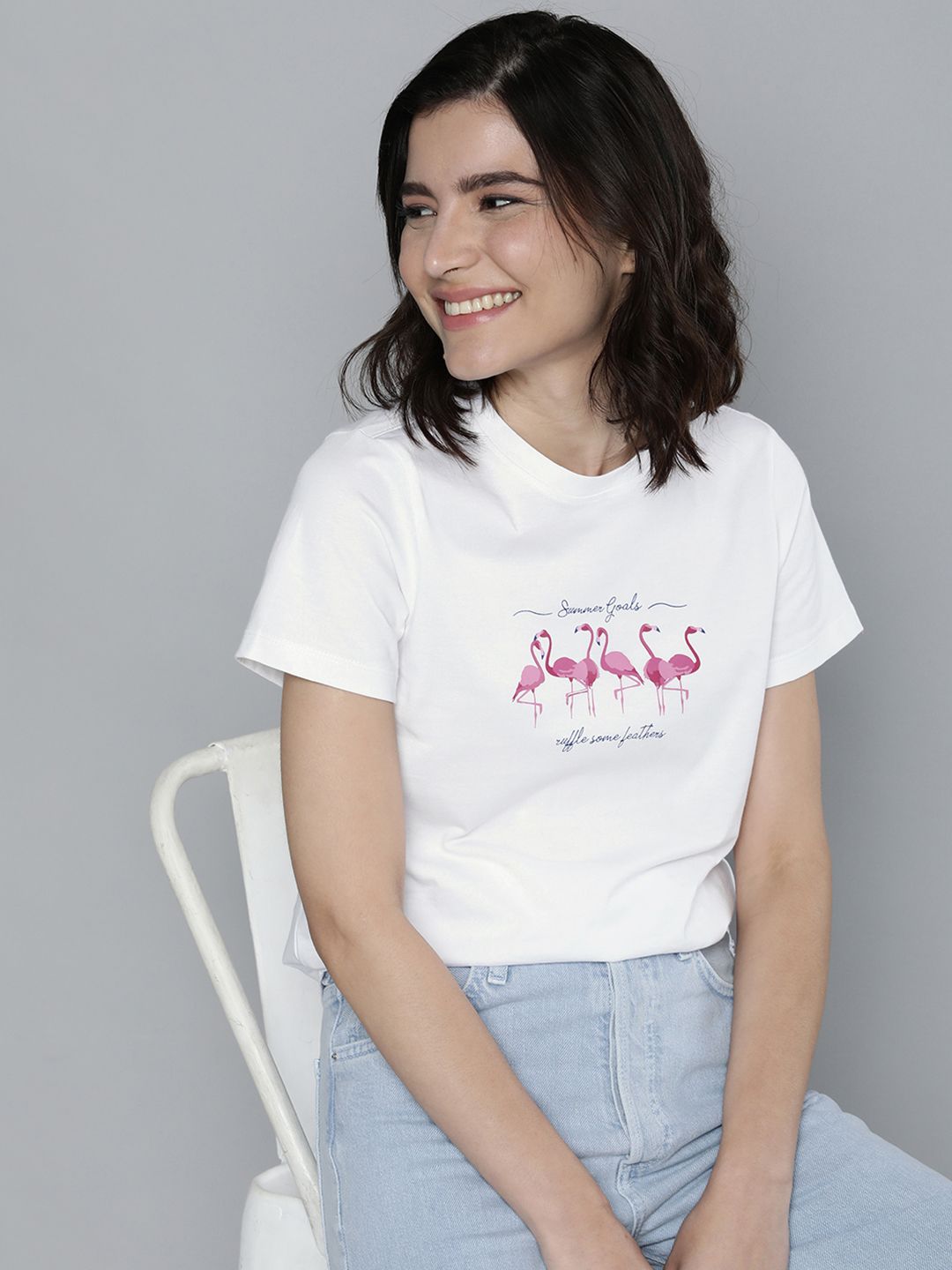 Mast & Harbour Women White & Pink Printed Pure Cotton T-shirt Price in India