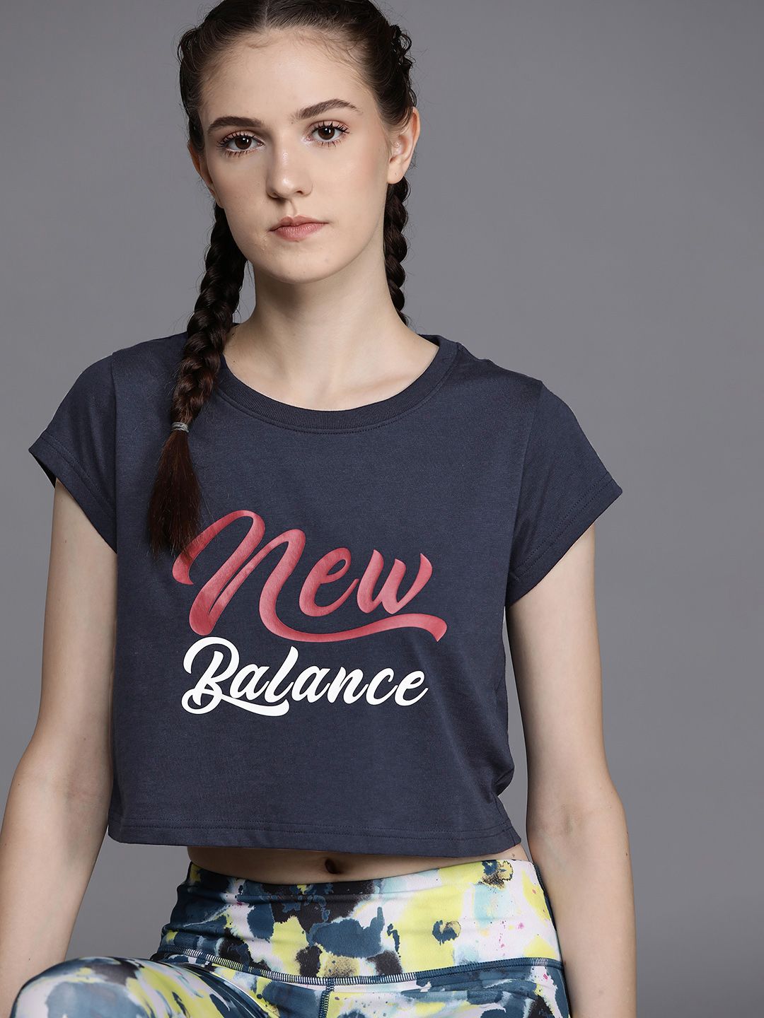 New Balance Women Navy Blue Brand Logo Printed Boxy T-shirt Price in India