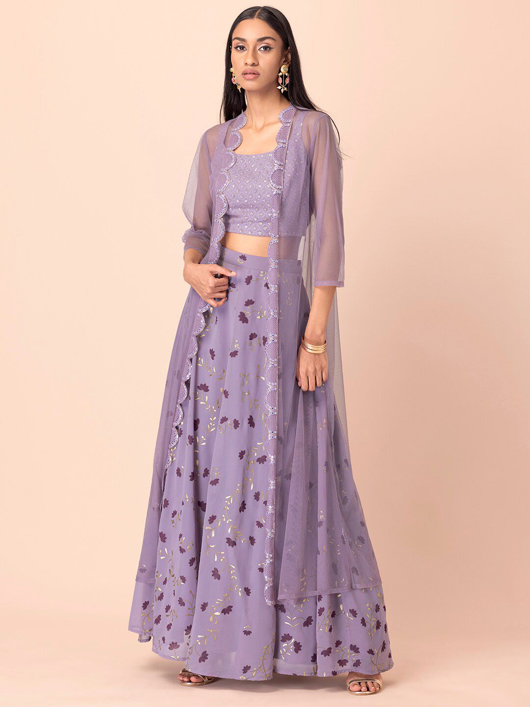 INDYA Women Purple Party Embellished Mesh Scallop Lace Shrug Price in India