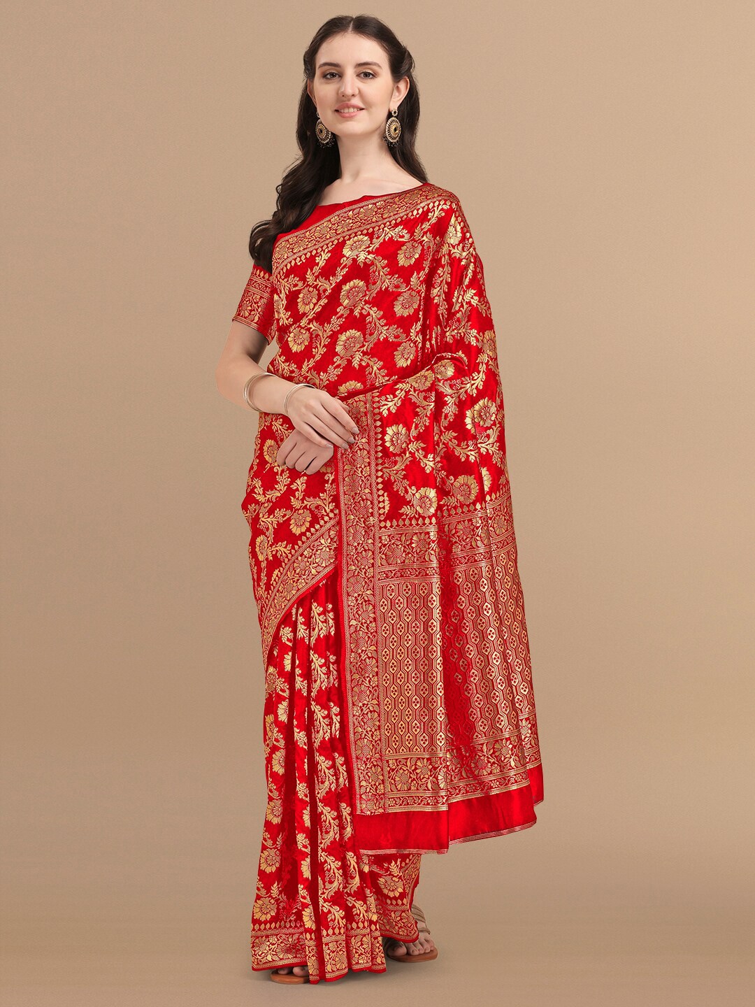 KALINI Red & Golden Floral Zari Silk Blend Banarasi Saree Price in India
