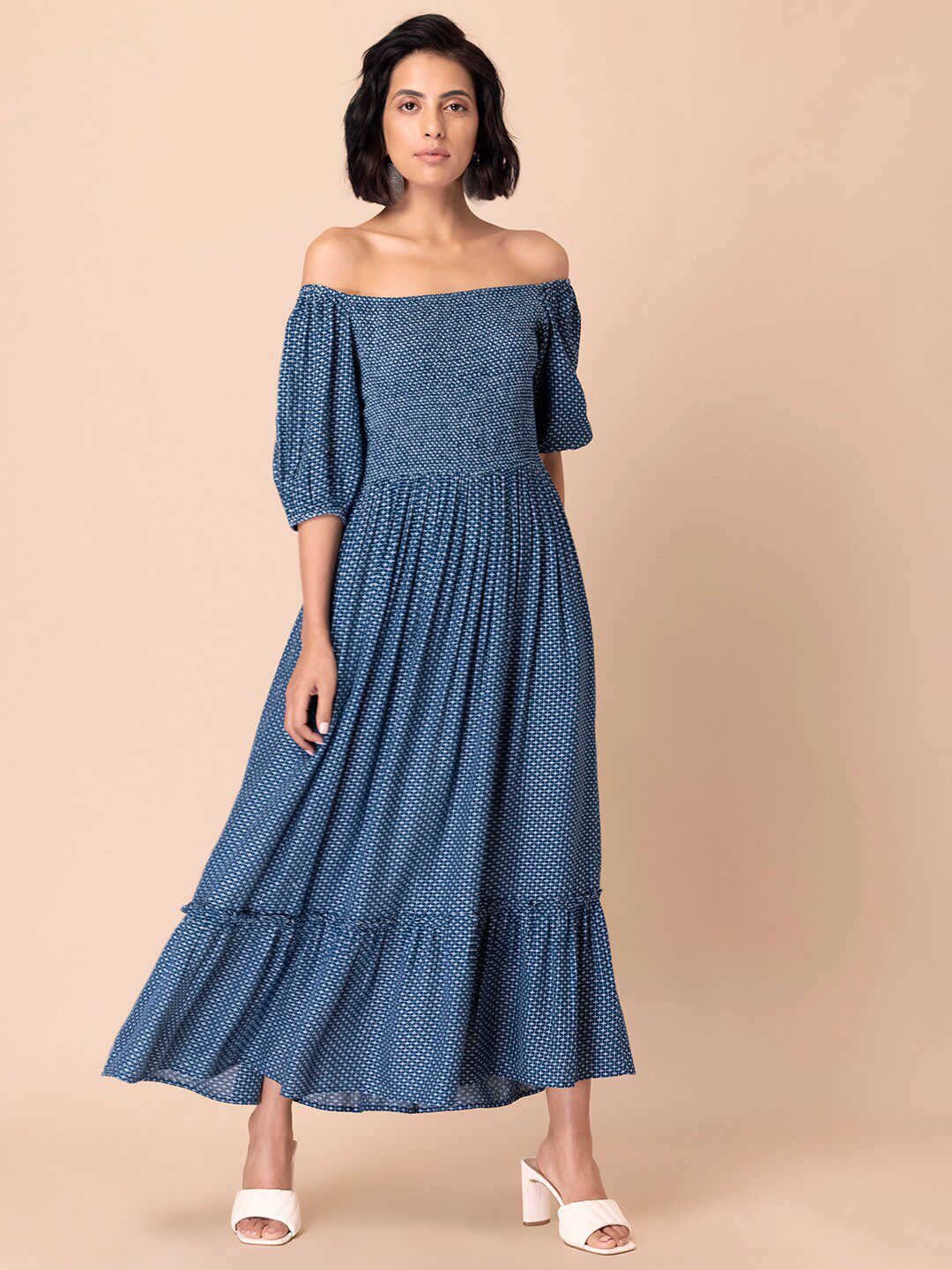 Earthen BY INDYA Blue Off-Shoulder Ethnic Maxi Dress Price in India