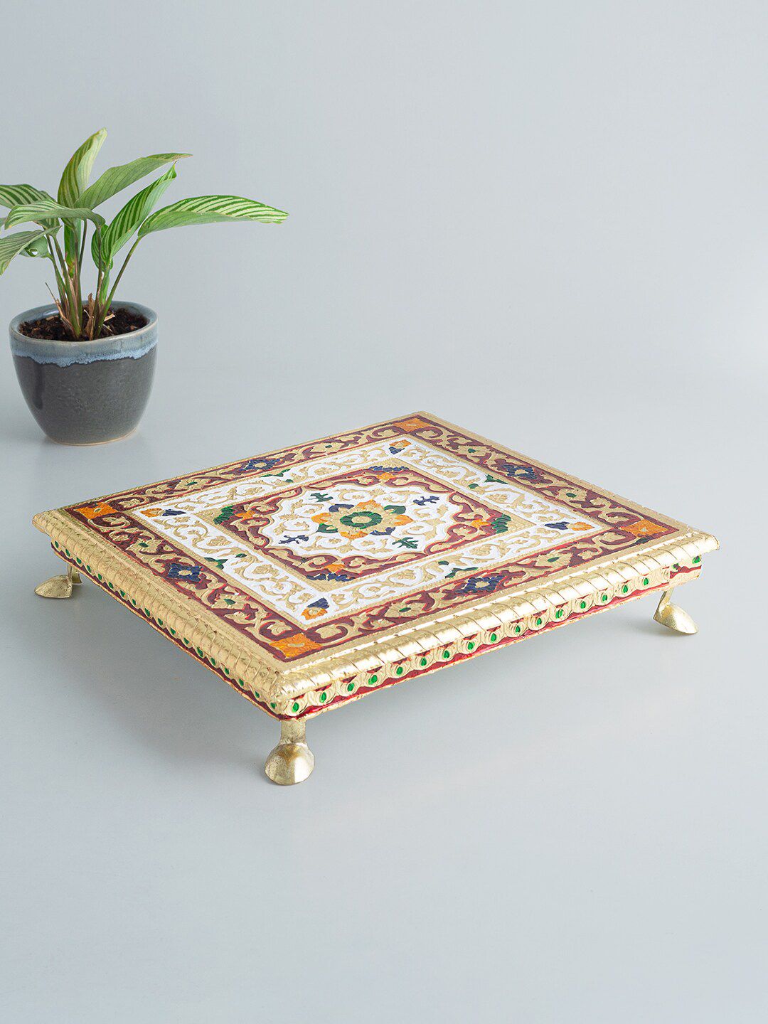 Golden Peacock Gold-Toned & Red Meenakari Wooden Chowkie Price in India
