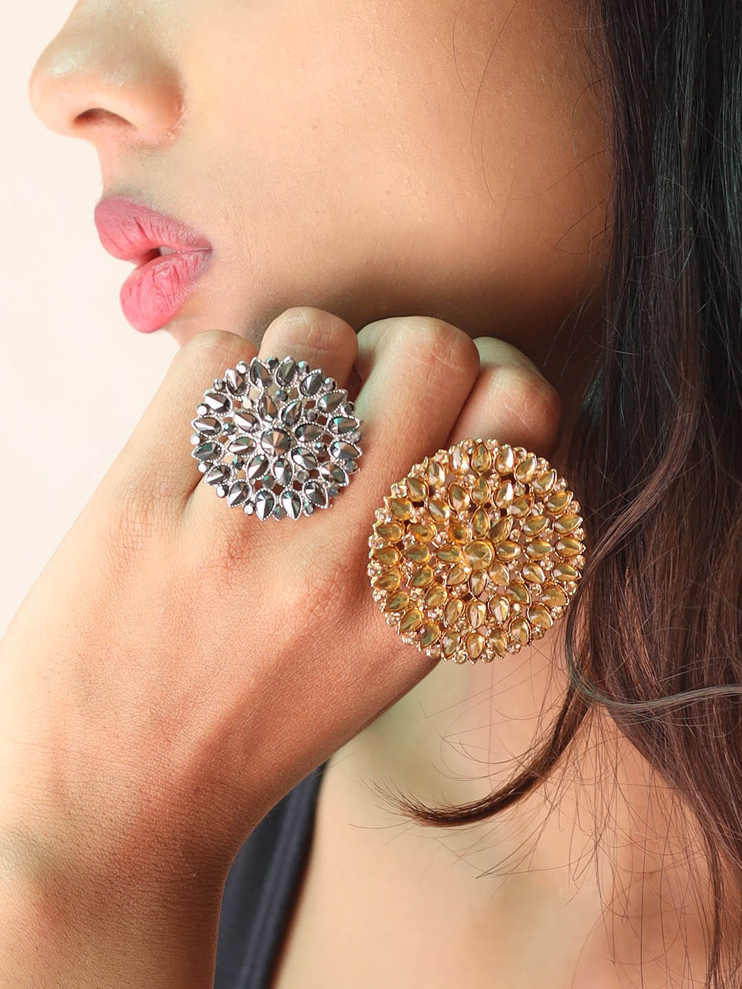 Ayesha Set of 2 Gold & Black Rhinestone Studded Flower Shaped Metallic Adjustable Rings Price in India