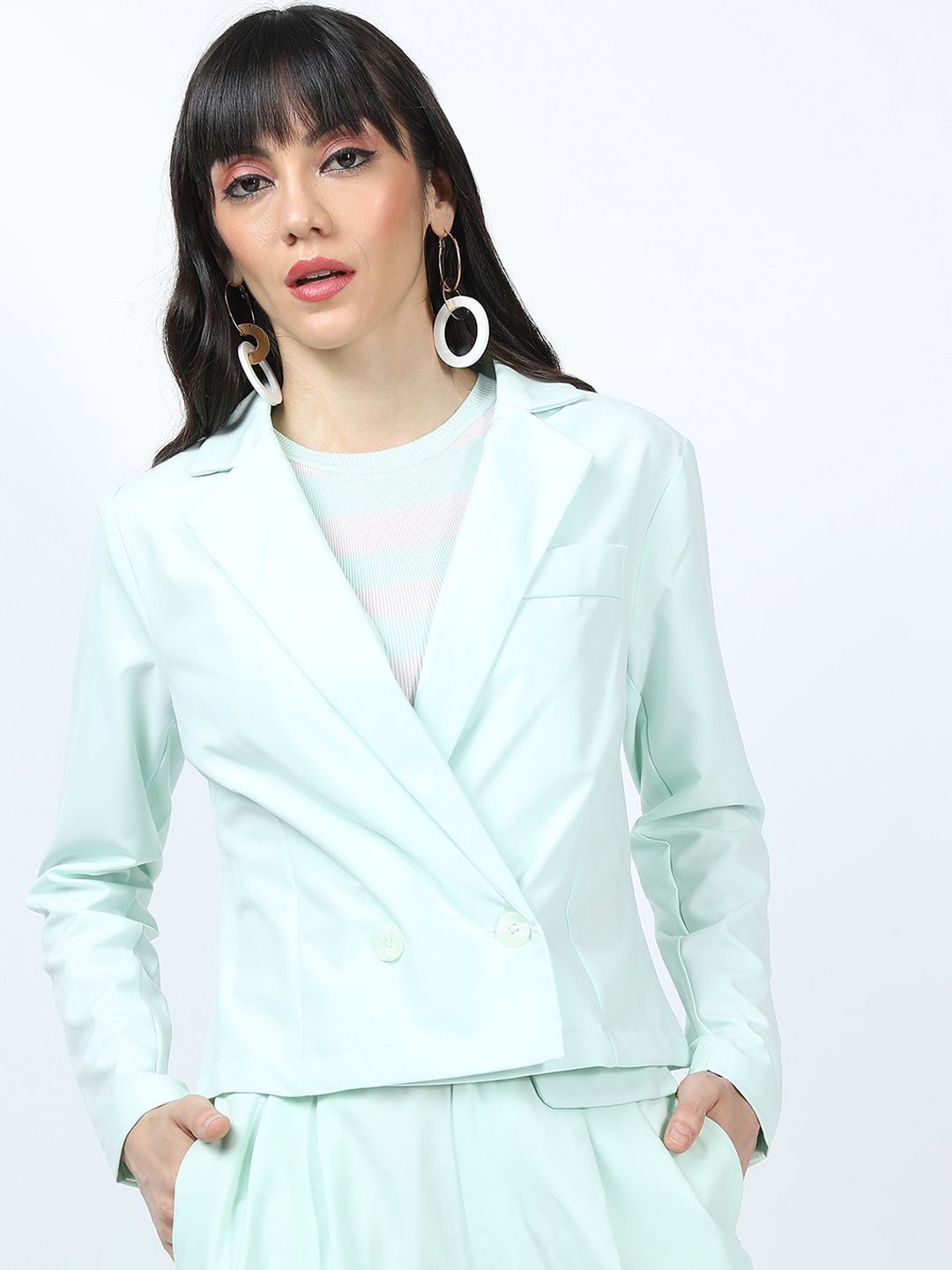 Tokyo Talkies Women Green Solid Double Breasted Crop Blazer Price in India