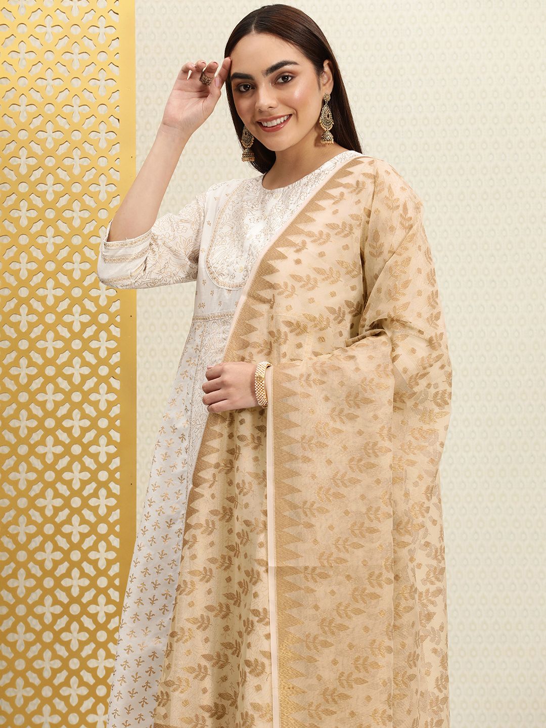 House of Pataudi Beige & Golden Woven Design Organza Jashn Dupatta with Zari Price in India