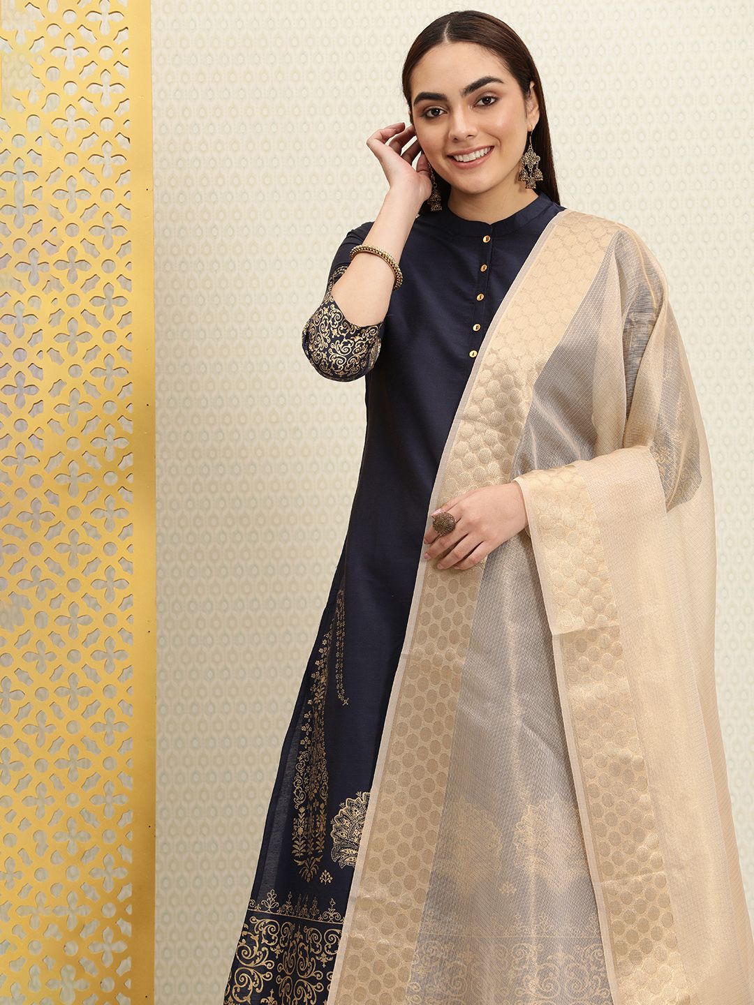 House of Pataudi Cream-Coloured & Golden Checked Kota Jashn Dupatta with Zari Price in India