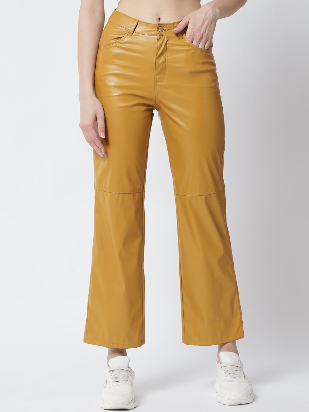 Kotty Women Yellow Solid Relaxed Straight Fit Leather Trousers Price in India
