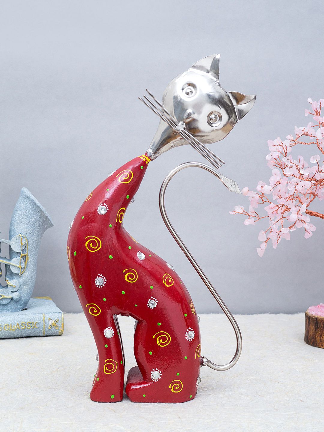 Golden Peacock Red & Silver-Toned Handcrafted Wooden Cat Showpiece Price in India