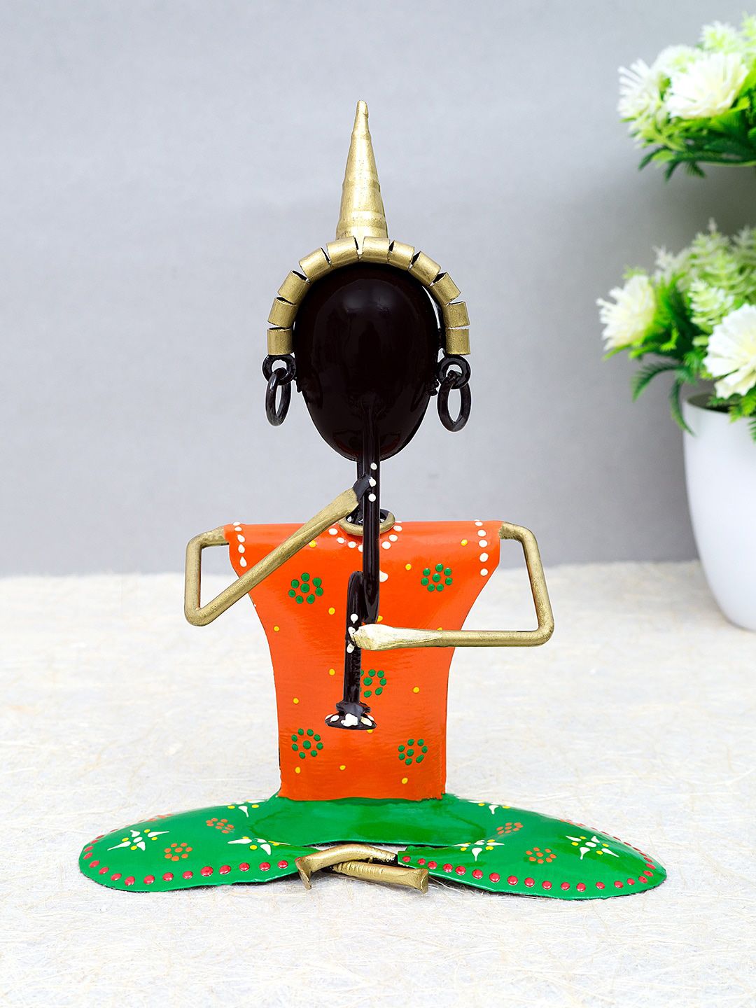 Golden Peacock Orange & Green Iron Musicians Decorative Showpiece Price in India