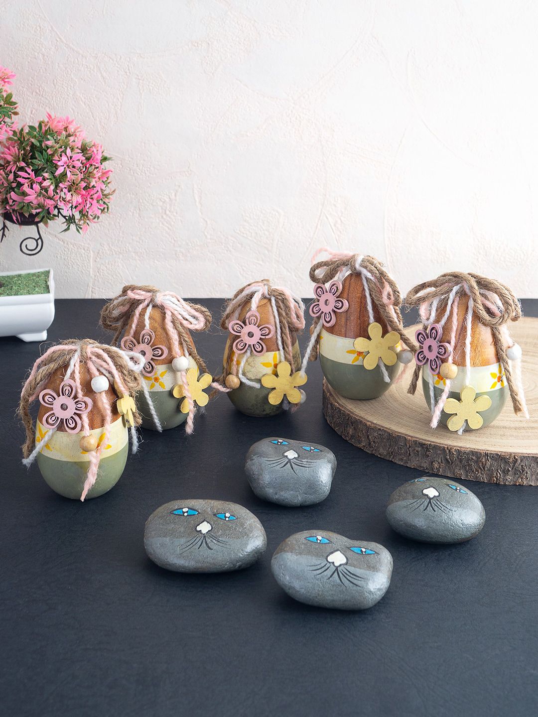 Golden Peacock Set Of 9 Grey and Brown Hand Painted Easter Egg & River Pebbles Rock Stone Garden Accessories Price in India