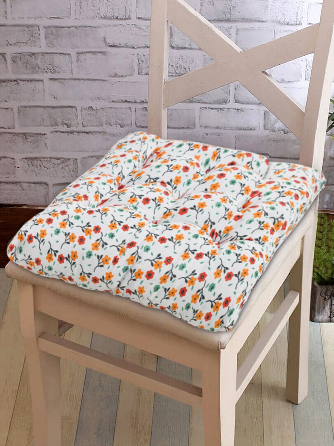 Kuber Industries Set of 3 White Floral Printed Microfiber Square Chair Pad With Ties Price in India