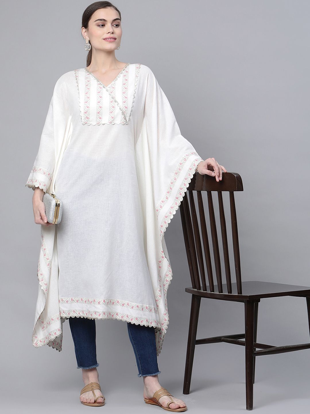 Ahalyaa Women Off White Yoke Design Flared Sleeves Pure Cotton Kaftan Kurta Price in India