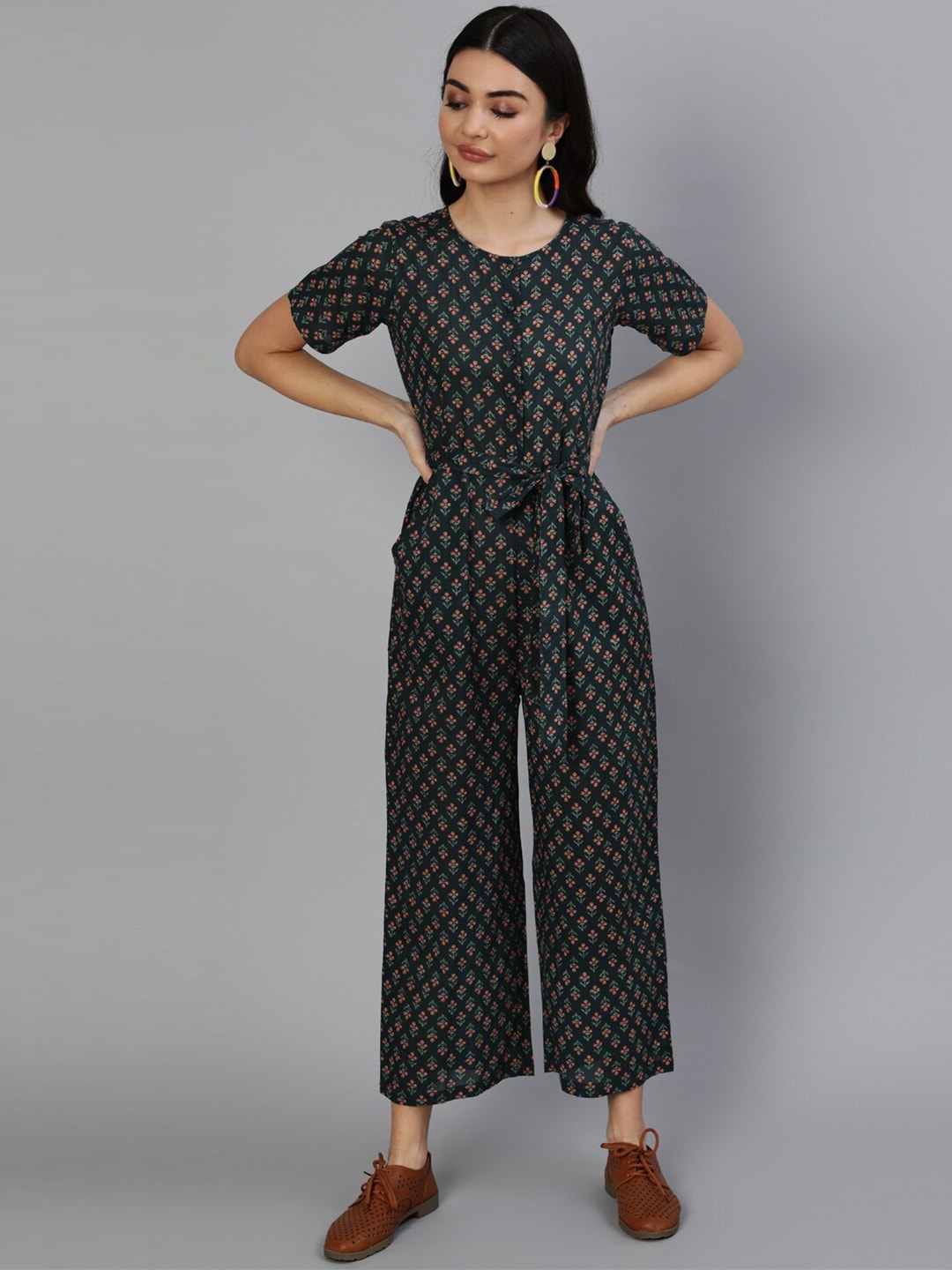 Nayo Green and Pink Printed Basic Jumpsuit Price in India