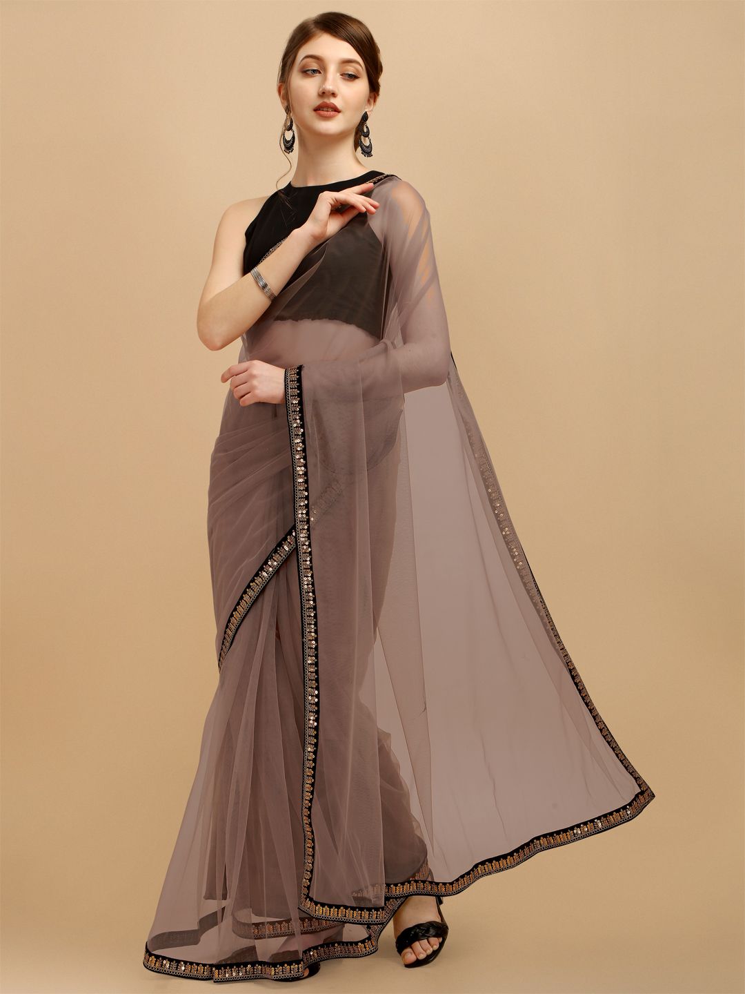 Sangria Taupe Embellished Sequinned Net Saree Price in India