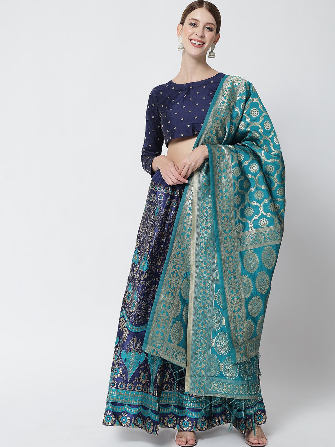 DIVASTRI Turquoise Blue & Navy Ready to Wear Lehenga & Unstitched Blouse With Dupatta Price in India