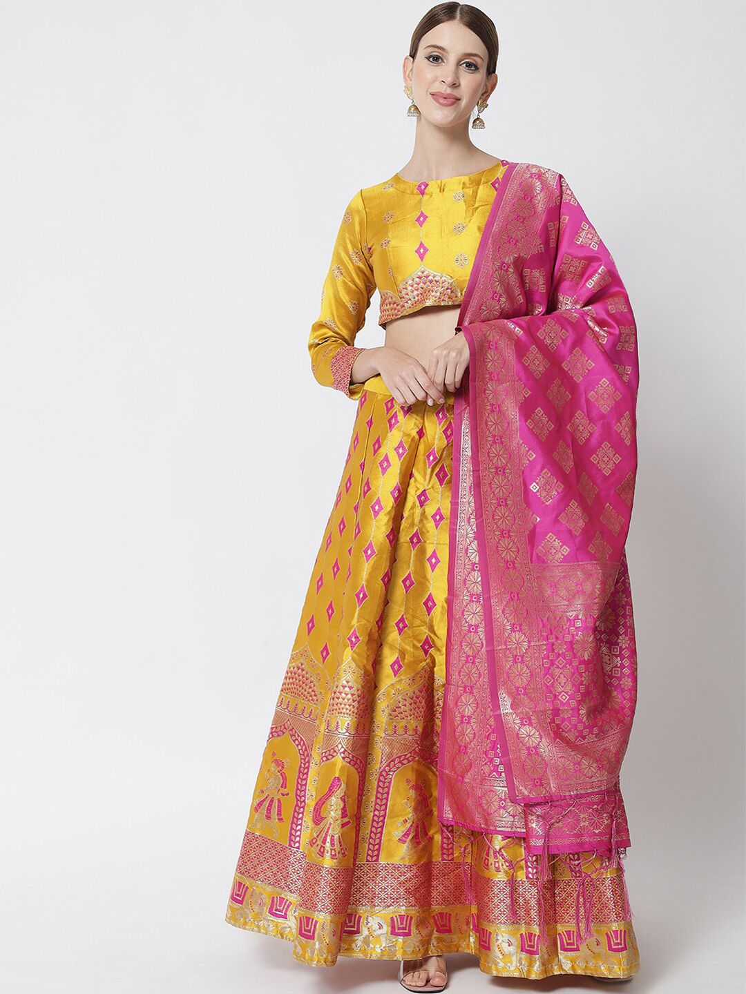 DIVASTRI Yellow & Maroon Ready to Wear Lehenga & Unstitched Blouse With Dupatta Price in India