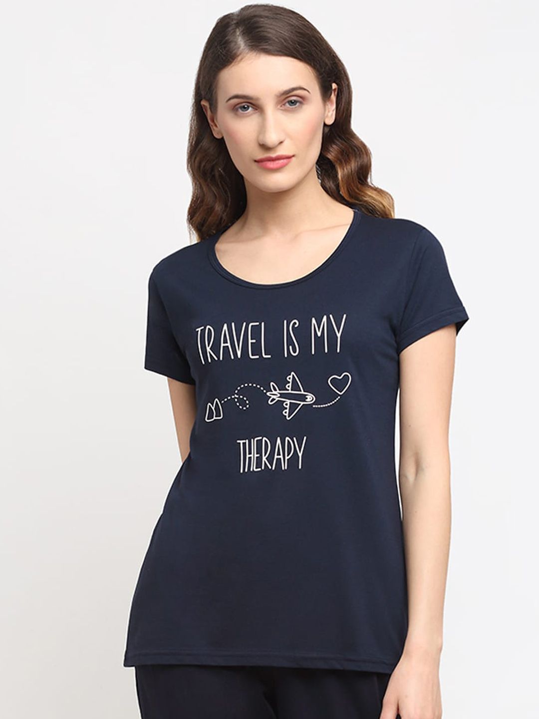 Kanvin Women Navy Blue & White Printed Lounge Tshirts Price in India