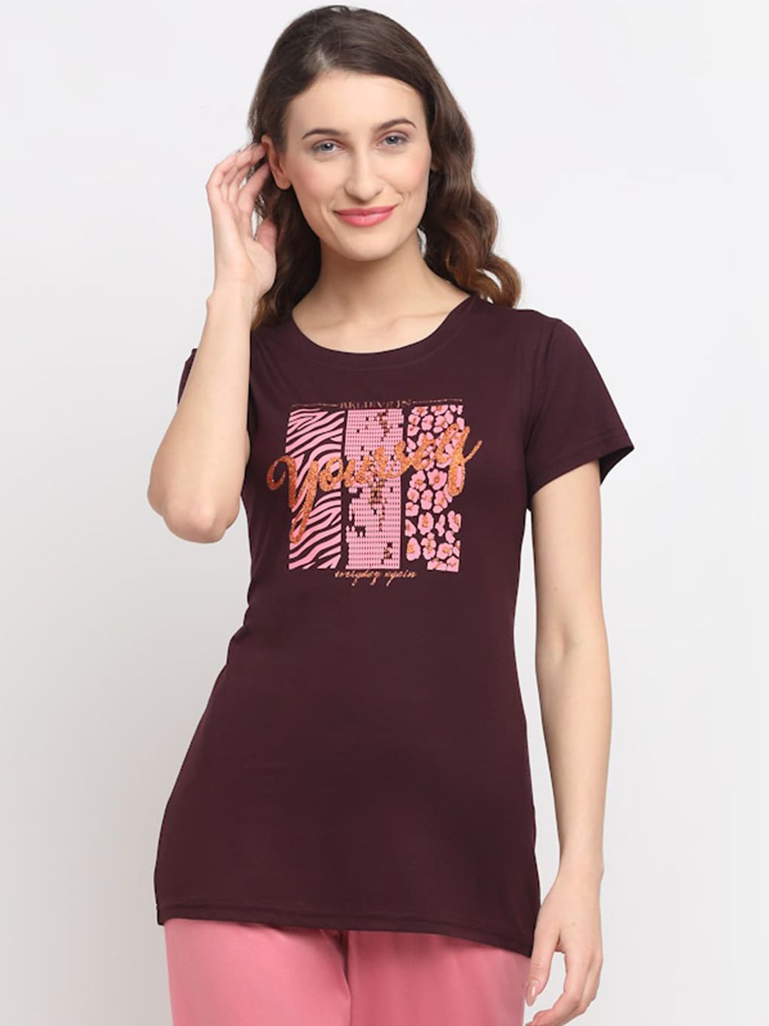 Kanvin Women Brown Printed Lounge Tshirt Price in India