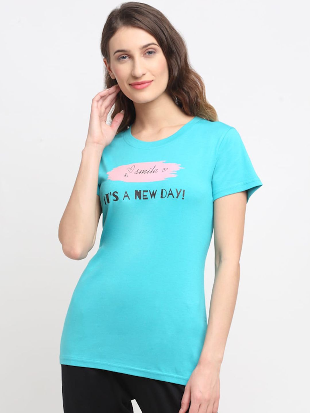 Kanvin Women Turquoise Blue Printed Lounge T-shirt Price in India