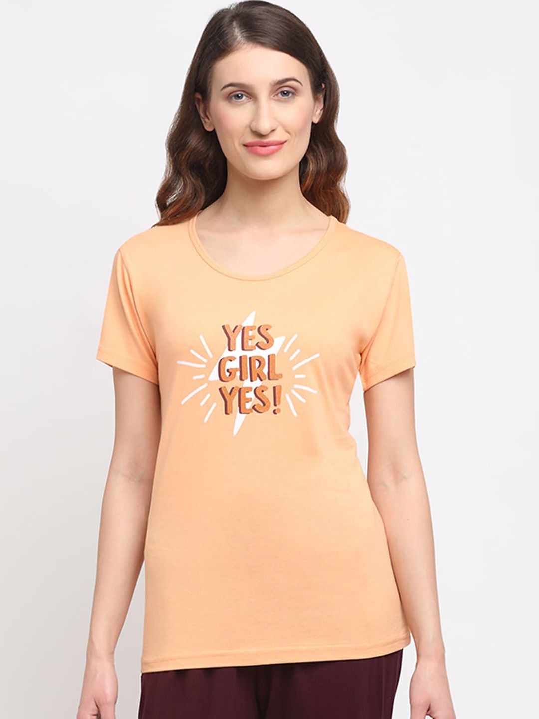 Kanvin Women Peach-Coloured Printed Lounge T-shirt Price in India