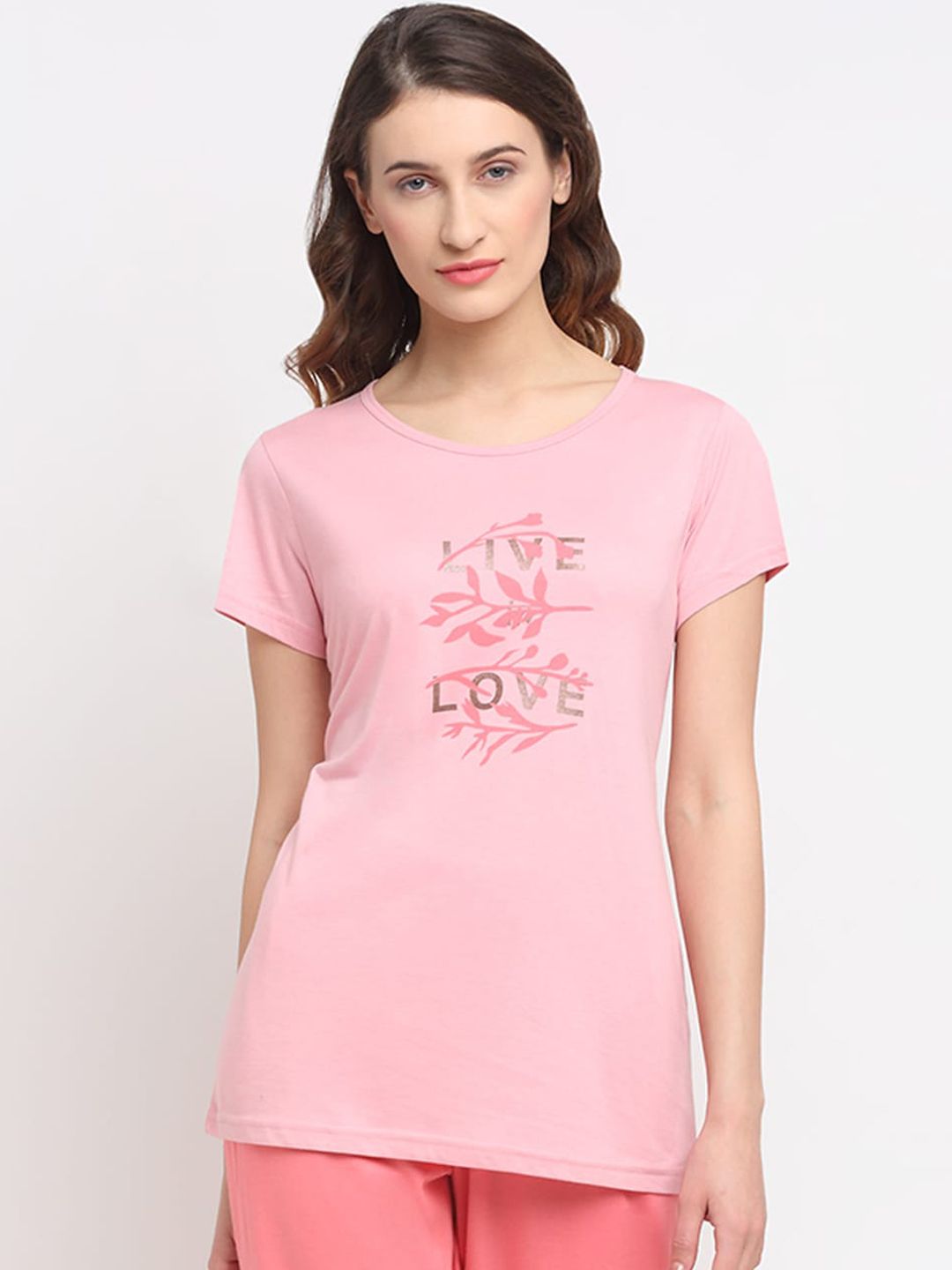 Kanvin Women Pink & Brown Printed Lounge Tshirt Price in India